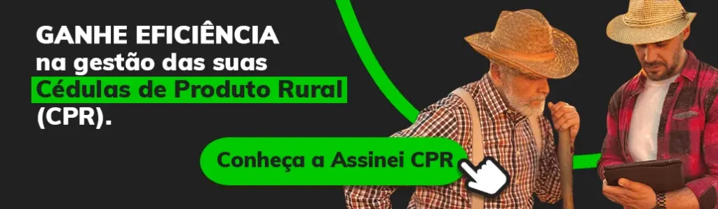 Banner Call to Action para a landing page de interesse na plataforma Assinei CPR. A imagem contém o seguinte texto: Ganhe eficiência na gestão das suas Cédulas de Produto Rural (CPR) / Conheça a Assinei CPR"