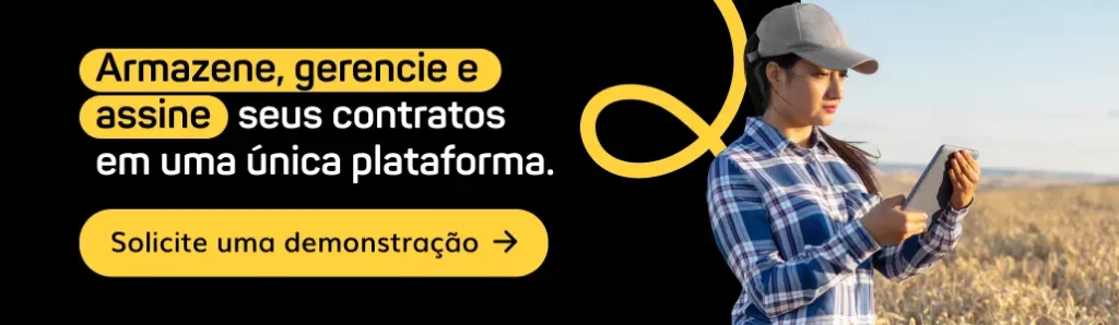 Banner CTA com redirecionamento para página de solicitação de demonstração da Assinei. Descrição da imagem: mulher no campo olha para tablet. Texto da imagem: Armazene, gerencie e assine seus contratos em uma única plataforma. Solicite uma demonstração.