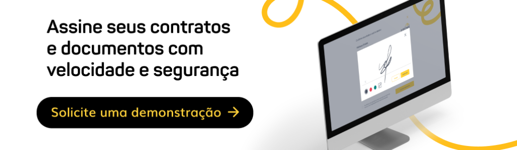 Banner CTA com redirecionamento para página de solicitação de demonstração da Assinei. Descrição da imagem: monitor de computador com a tela de assinatura da plataforma Assinei. Texto da imagem: Assine seus contratos e documentos com velocidade e segurança. Solicite uma demonstração.