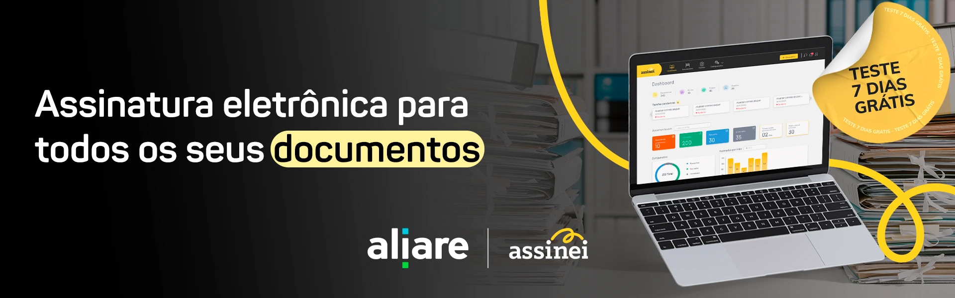 Banner CTA com redirecionamento para página de solicitação de teste grátis da Assinei | Descrição da imagem: notebook com página inicial da plataforma Assinei na tela | Texto da imagem: Teste 7 dias grátis. Assinatura eletrônica para todos os seus documentos. Aliare | Assinei