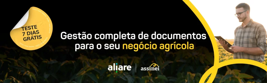 Banner CTA com redirecionamento para página de solicitação de teste grátis da Assinei | Descrição da imagem: homem utilizando tablet no campo | Texto da imagem: Teste 7 dias grátis. Gestão completa de documentos para o seu negócio agrícola. Aliare | Assinei