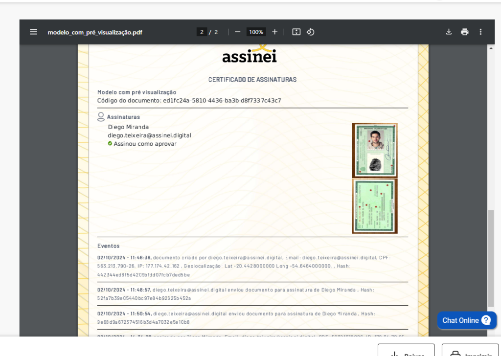 Certificado de assinaturas emitido pela plataforma Assinei após a assinatura no documento ser vinculada à fotografia de um documento pessoal com foto