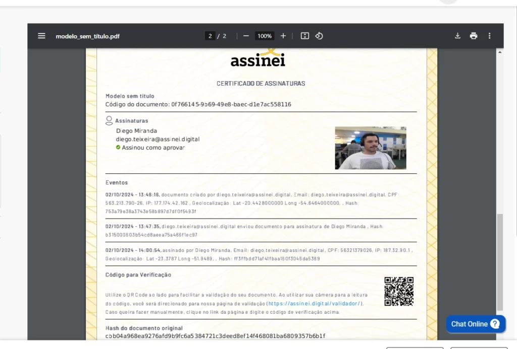 Certificado de assinaturas emitido pela plataforma Assinei após a assinatura no documento ser vinculada à foto selfie